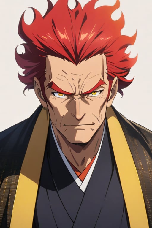 anime masterpiece, face portrait, 55 year old, cool male character, adult, mature, wrinkles around the eyes, athletic, robust, broad shoulders, tall forehead, very short flaming red hair, hot yellow eyes, square jaw, cool elegant yellow and black traditional japanese robes, confident expression, neutral background, drawn in the style of masashi kishimoto