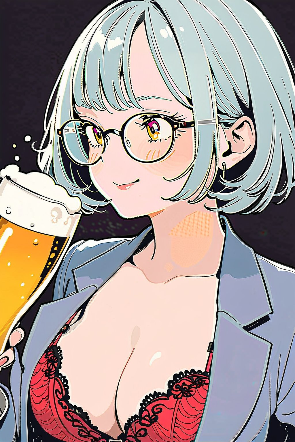 Best picture quality, high resolution, 8k, sharp focus, image of elegant lady, supermodel, an adult woman, of serious appearance, but blushing, she is drinking beer and smiling, she is wearing glasses, a wrinkled gray business suit and showing her cleavage, she is wearing a black and red lace bra