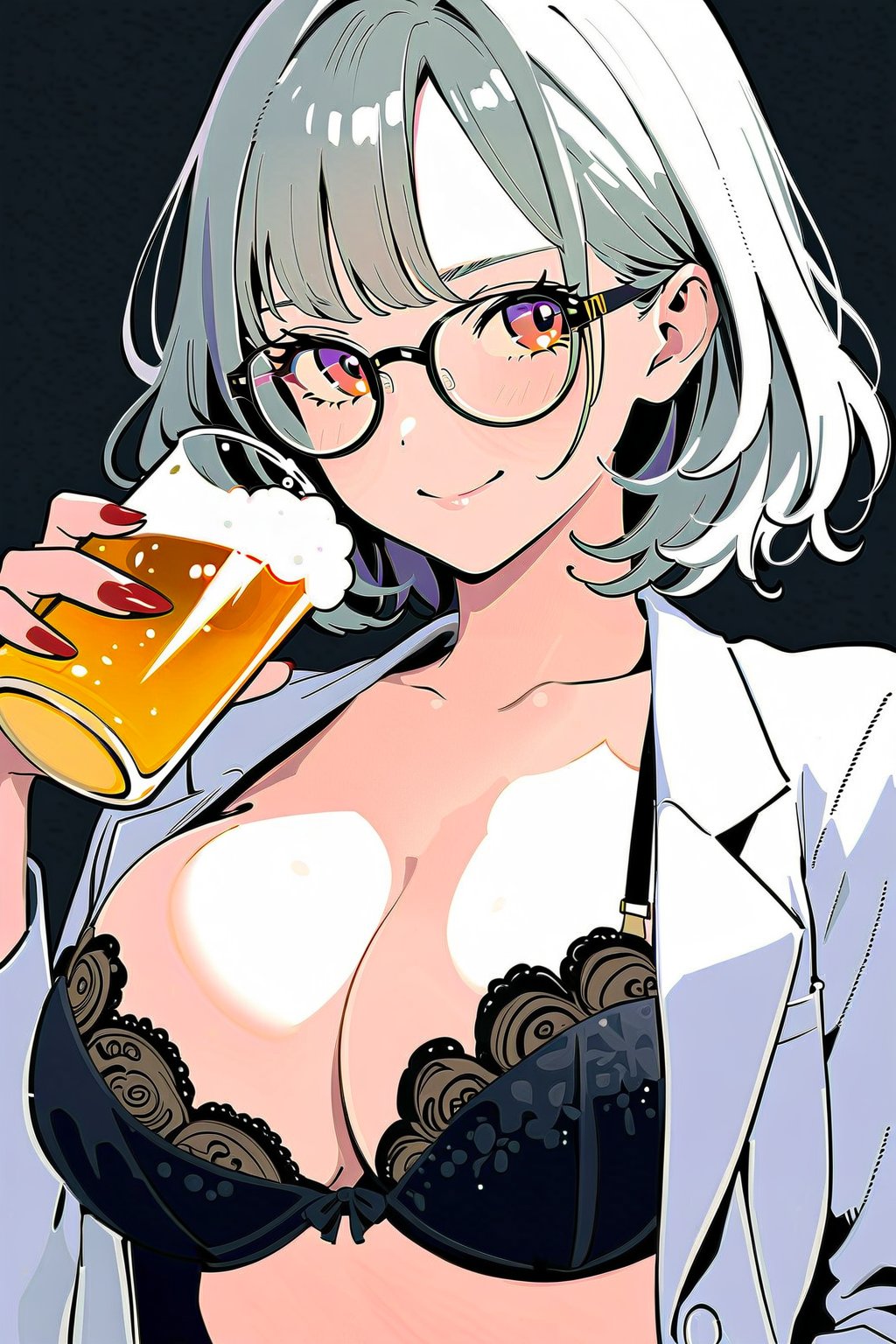 Best picture quality, high resolution, 8k, sharp focus, image of elegant lady, supermodel, an adult woman, of serious appearance, but blushing, she is drinking beer and smiling, she is wearing glasses, a wrinkled gray business suit and showing her cleavage, she is wearing a black and red lace bra