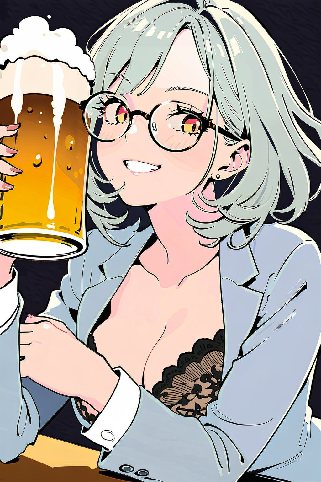 Best picture quality, high resolution, 8k, sharp focus, image of elegant lady, supermodel, an adult woman, of serious appearance, but blushing, she is drinking beer and smiling, she is wearing glasses, a wrinkled gray business suit and showing her cleavage, she is wearing a black and red lace bra