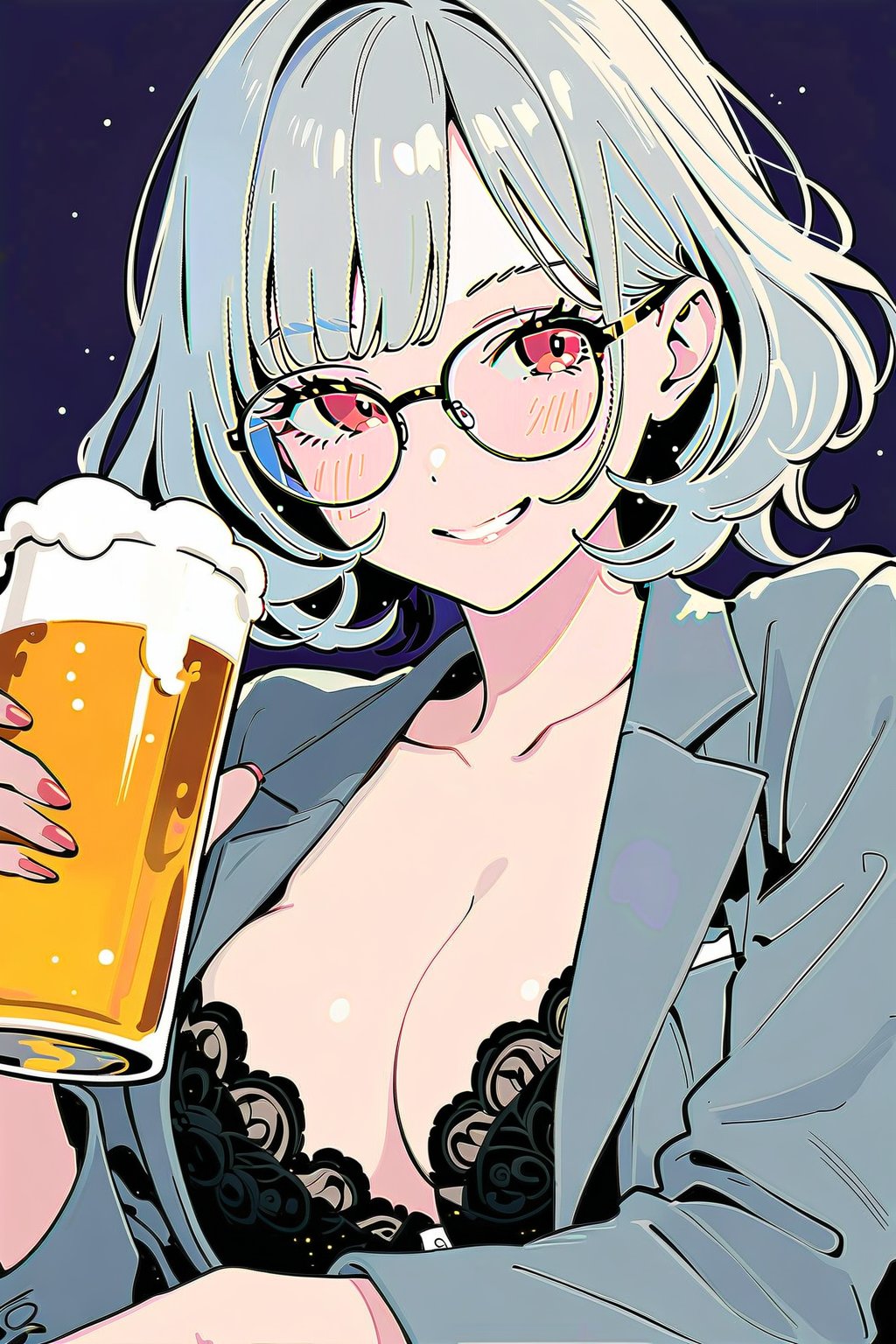 Best picture quality, high resolution, 8k, sharp focus, image of elegant lady, supermodel, an adult woman, of serious appearance, but blushing, she is drinking beer and smiling, she is wearing glasses, a wrinkled gray business suit and showing her cleavage, she is wearing a black and red lace bra