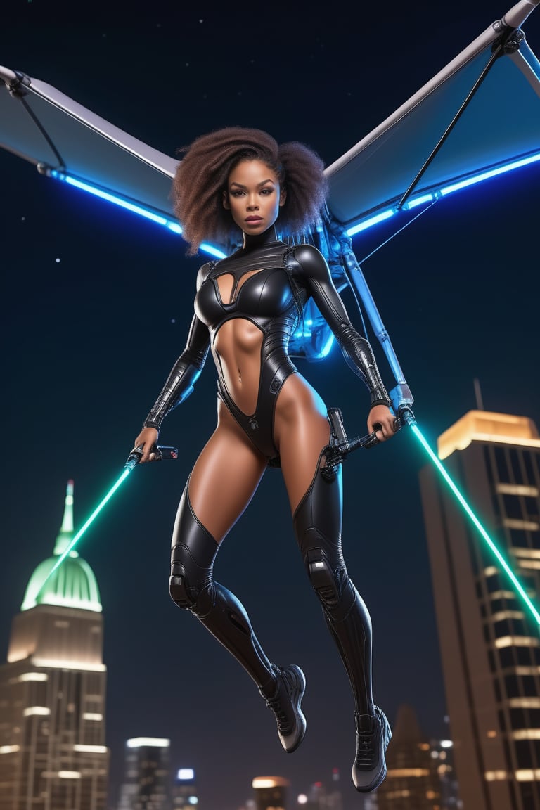 female mutant with a sexy body and huge detailed robotic wings on her back hovering high in the sky like a hang glider above buildings at night,beutiful glowing black light skin,cute look on model pretty face.full body scale,very realistic hang glider leg positoning while in flight,titanium spear weapon in hand,dred loc hair,shooting lasers out of a gun