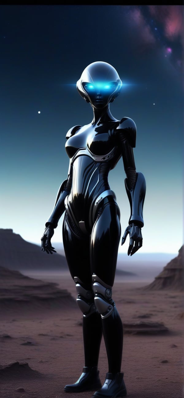 female,robotic black suit,alien planet landscape,shooting stars