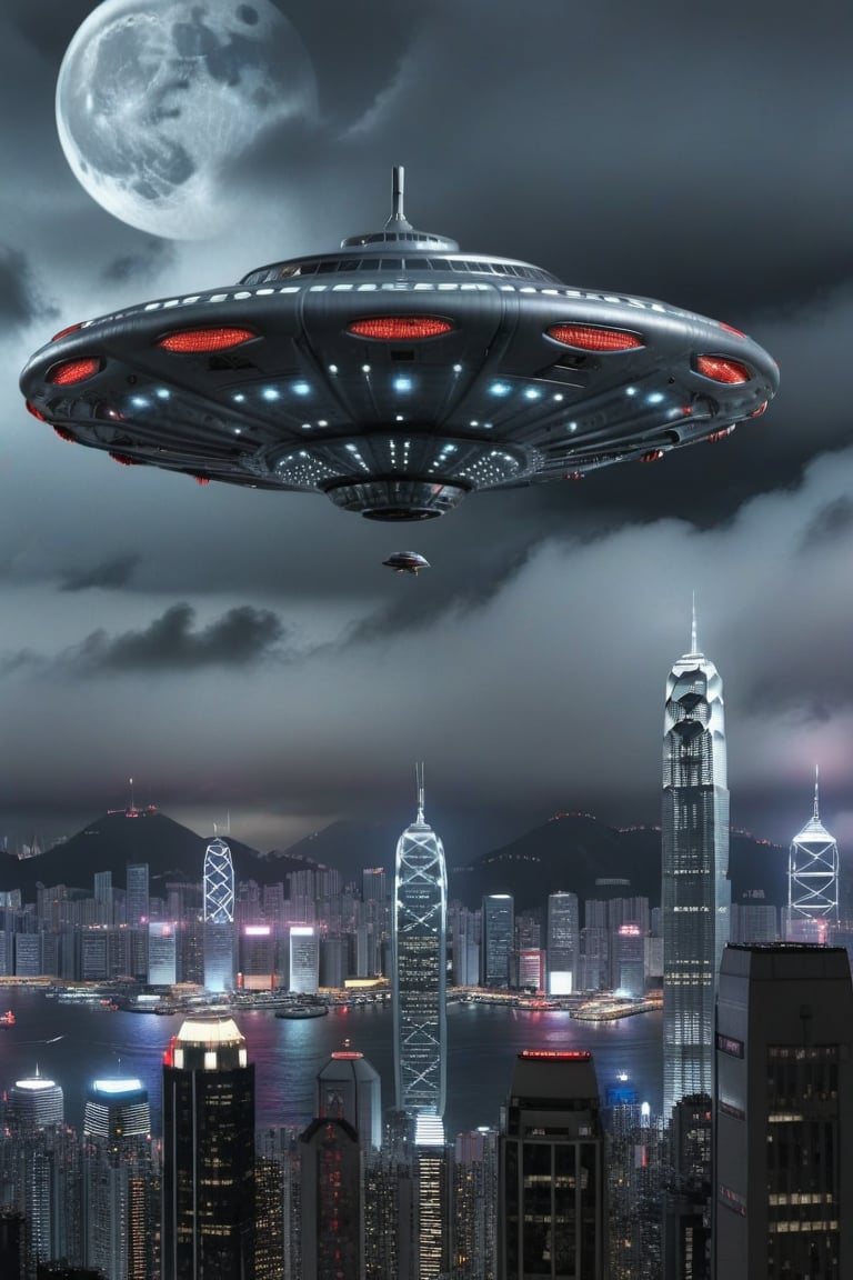 ultra realistic detailed alien ufo with lights and tinted windows metallic gray color hovers high over extremly realistic hong kong late night,ultra realistic,realistic moon,high quality ufo and new york city,raining heavy,8k resolution,lightening