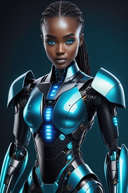 cutting-edge robot with striking dark skin  ,boots on feet,robotic black and teal suit,pretty face with african features,score_9sapphire blue eyes glowing with data streams,show whole body in pic,