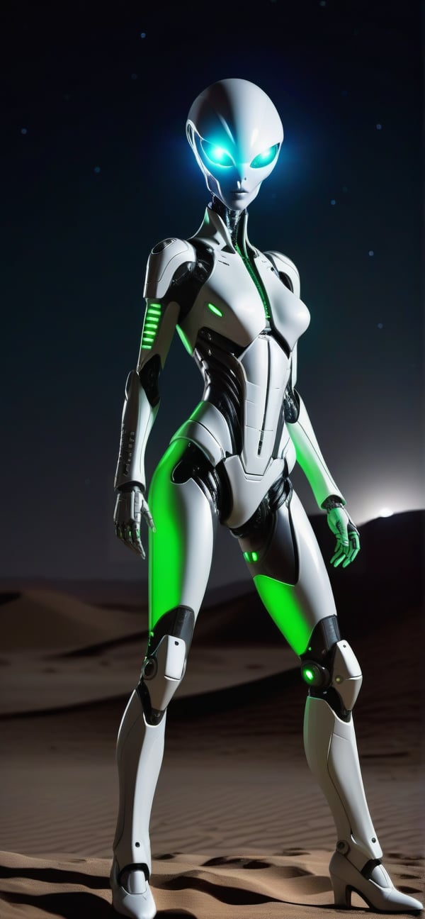 sexy grey alien,female,robotic green and white suit,hight tech gun made of titanium,ufo landed in the desert background at night,spaceship at night,
