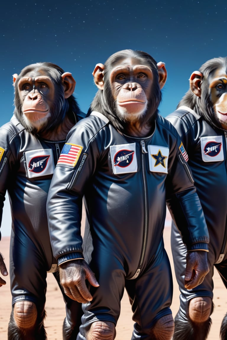 3  mutant chimpanzes in space suits explore a distant planet,ultra realistic,4 k resolution,curious looks o their faces,night sky with bright stars,full body scale,jetpack on their backs