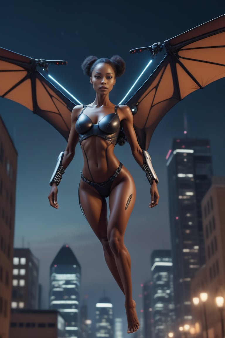 female mutant with a sexy body and huge robotic wings on her back hovering above buildings at night,beutiful glowing black skin,serious look on face.full body scale,very realistic hang glider leg positoning while in flight