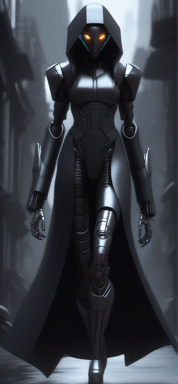 female,black skin,robotic black suit,long black trench coat,walking down a dark,evil street,high definition