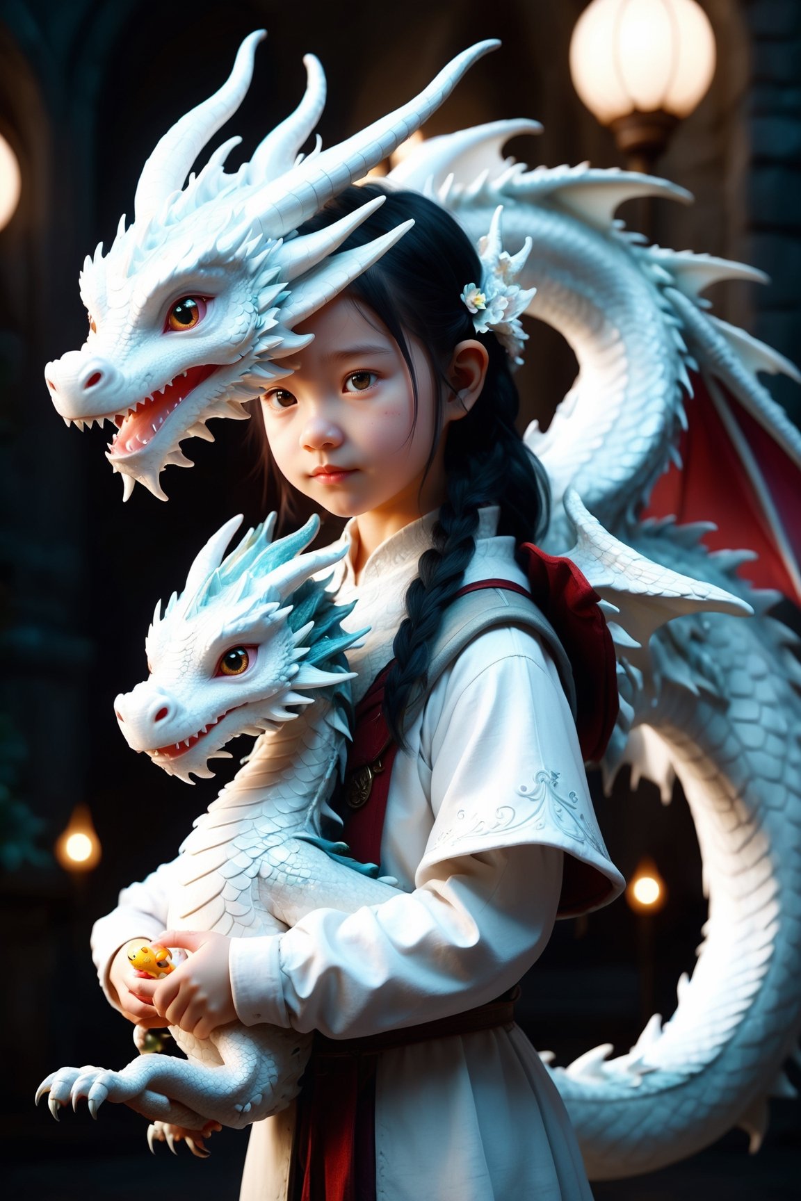 Full body portrait of a cute little white dragon girl, human-like appearance, dragon-themed features, soft and delicate, holding a small dragon toy, playful and whimsical attire, friendly and inviting expression, by FuturEvoLab, (masterpiece: 2), best quality, ultra highres, original, extremely detailed, perfect soft lighting, charming and endearing character