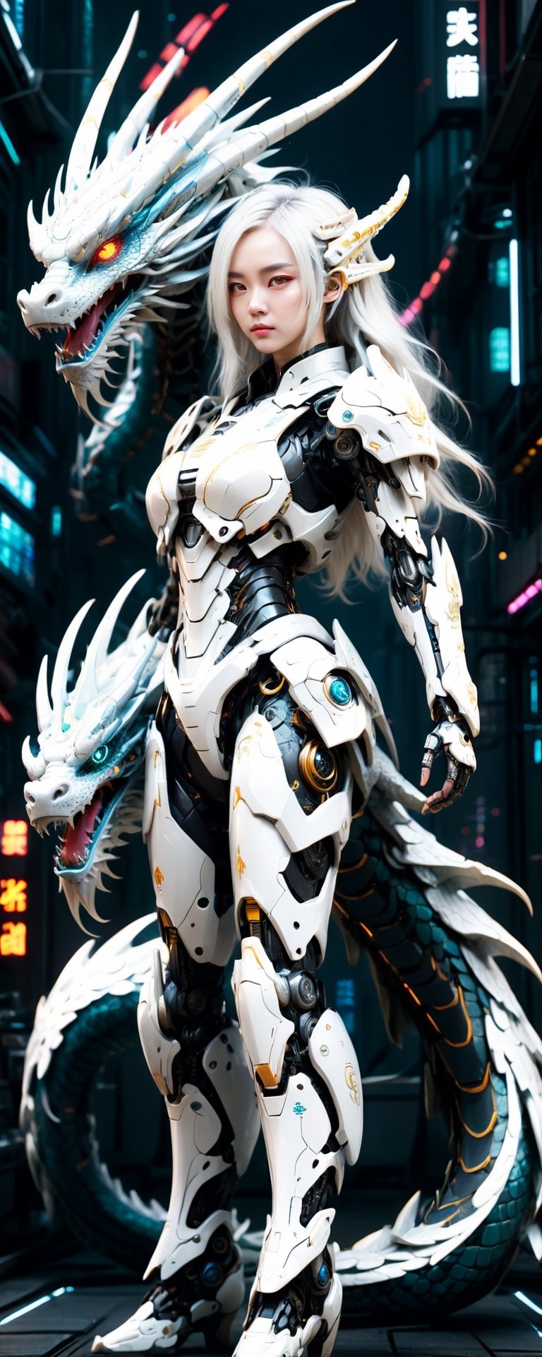 Full body,  outer_space,  robot female, human face, dragon skin, dragon scale pattern ,holding dragon head weapon, with long white hair,dragon-themed, complex background:1.1,Chinese Dragon,Mecha,Cyberpunk