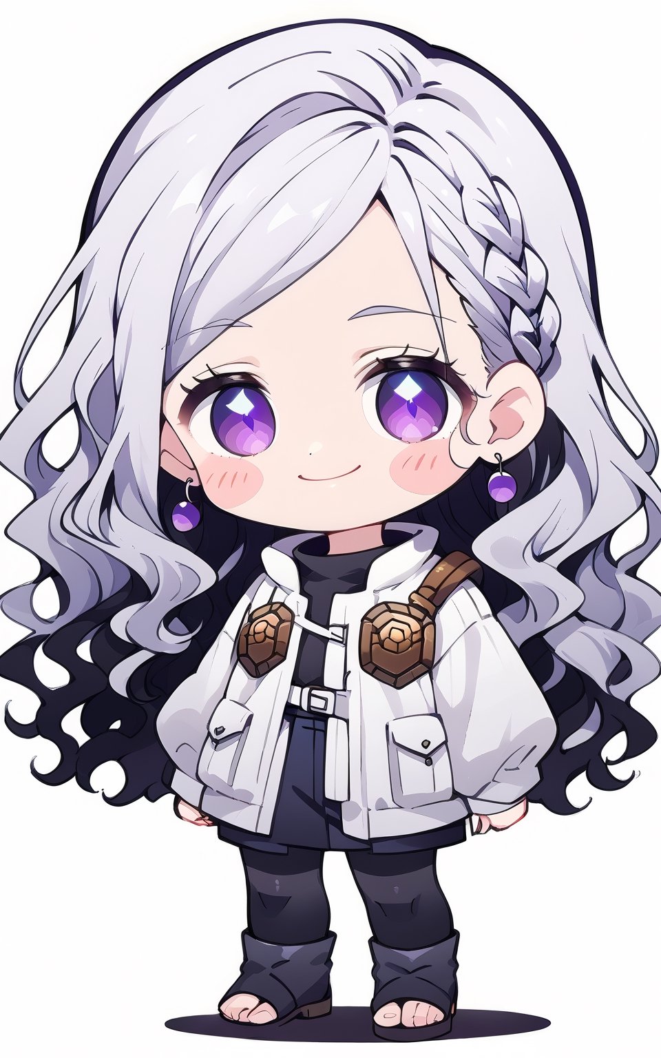 score_9,score_8_up,score_7_up, chibi, chibi style, 1girl,long hair,looking at viewer,blush,smile,simple background,white background,standing,full body,chibi,shiny hair,blush stickers,no pupils,toeless footwear,

(white hair), side_braid (long wavy hair), blue earrings,  ((black shirt turtle neck)), ((long white jacket)), violet eyes

kugisaki nobara, chibi style
kugisaki nobara