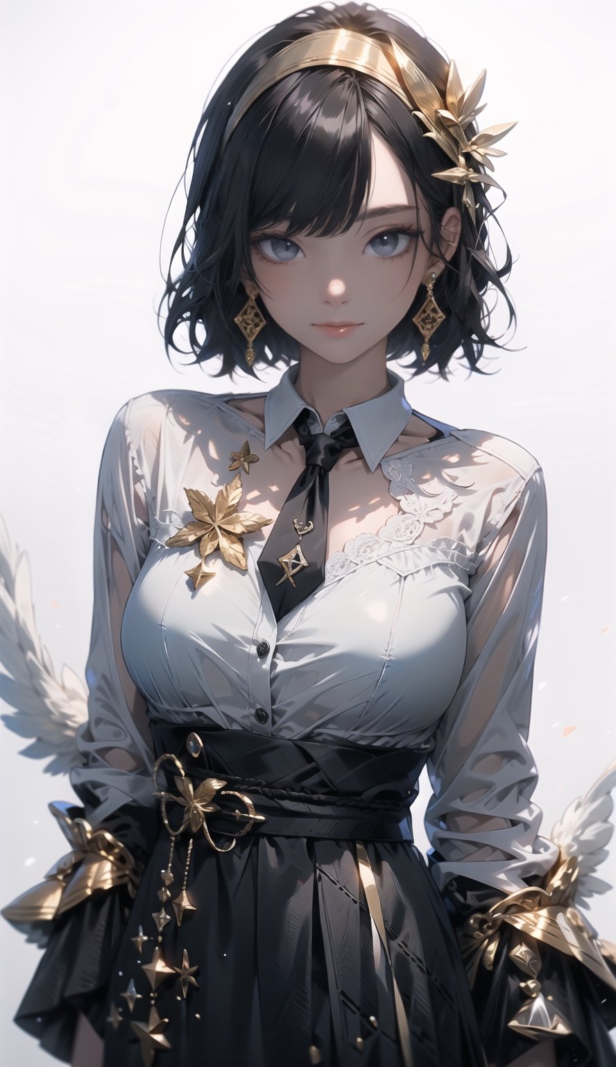 evil, golden, shiny,,High detailed ,midjourney,perfecteyes,Color magic,urban techwear,hmochako,better witch,witch, witch,free style,horror (theme)

//Character
1girl, ((black hair)), (emerald eyes), ((bob cut)) big breast, milf
//Fashion
(Georges Hobeika :1.3),white hairband, white shirt, orange tie, black blazer, ,furina