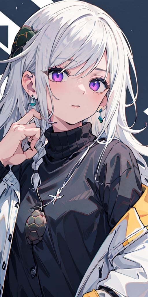 Masterpiece, ultra detailed, hyper high quality, quality beyond the limits of AI, the ultimate in wisdom, top of the line quality, 8K, 

1girl

(white hair), side_braid long wavy hair, blue earrings,  ((black shirt turtle neck)), ((long white jacket)), violet eyes

kugisaki nobara,masterpiece