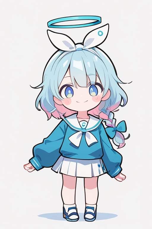 score_9,score_8_up,score_7_up, 
chibi, chibi style, 

1girl,looking at viewer,blush,smile,simple background,white background,standing,full body,(hand down),shiny hair,blush stickers,no pupils,sturdy body,

arona \(blue archive\), (blue_hair),white_skirt, halo, white_choker, hair_over_one_eye, white_sailor_collar, blue_shirt, pleated_skirt, single_braid, hair_ribbon, puffy_long_sleeves, white_ribbon,