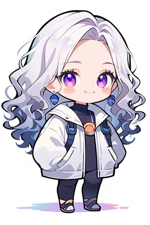 score_9,score_8_up,score_7_up, 
chibi, chibi style,

1girl,looking at viewer,blush,smile,simple background,white background,standing,full body,(hand down),shiny hair,blush stickers,no pupils,sturdy body,

(white hair), side_braid ((long wavy hair)), blue earrings, ((black shirt turtle neck)), ((long white jacket)), violet eyes, kugisaki nobara,