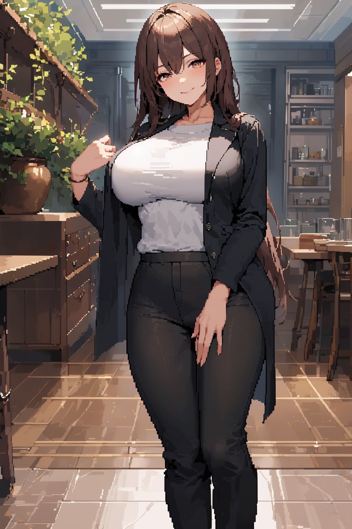 1girl, ((masterpiece)),  ((best quality)),  (ultra-detailed),  (mature female,  older,  milf,  motherly, large breasts), (dark hair) , straight bang, very_long_hair, (yellow_eyes) , absurdres,  HDR , (casual waer, black coat), masterpiece,best quality,incredibly absurdres,high detail eyes , (standing, arm at side:1.2,  smile:1.2), betterhand ,masterpiece,high detail eyes, pixel_art