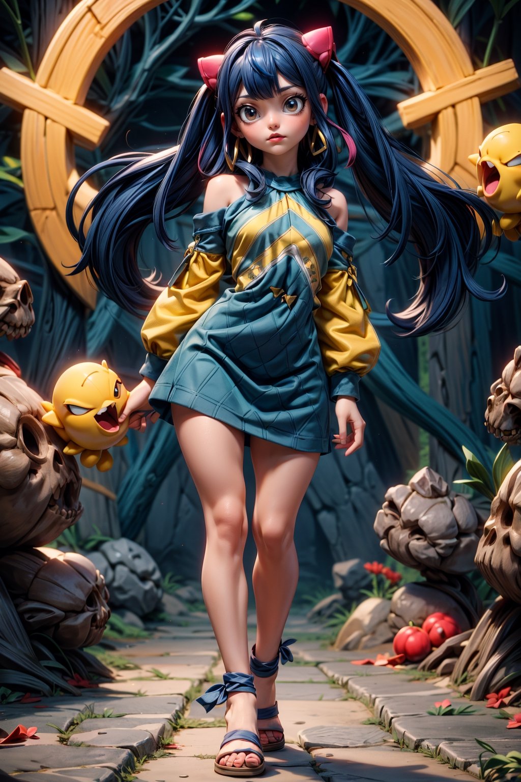 Masterpiece, Best quality, High resolutions, long navy blue hair, with straight bangs and a colorful ribbon on the head. Her eyes are also blue and she wears silver cross-shaped earrings., Aawendy, long hair, twintails, hair ornament, bare shoulders, light green dress with yellow stripes., aawendy, hair ornament,aawendy