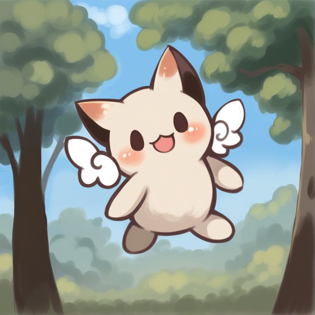 owly , 1creature , solo, looking at viewer, blush, smile, open mouth, outdoors, wings, day, tree, no humans, :3, cat ears,  fly , flying , dancing , simple background , round