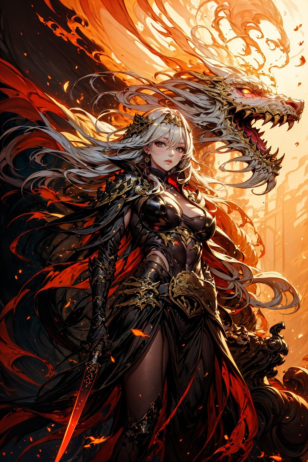 masterpiece, top quality, best quality, official art, beautiful and aesthetic:1.2), (1girl:1.3), chinese dragon, eastern dragon, golden line, volumetric lighting, ultra-high quality, photorealistic, sky background, daggers,scarletbs, glowing yellow eyes, white hair