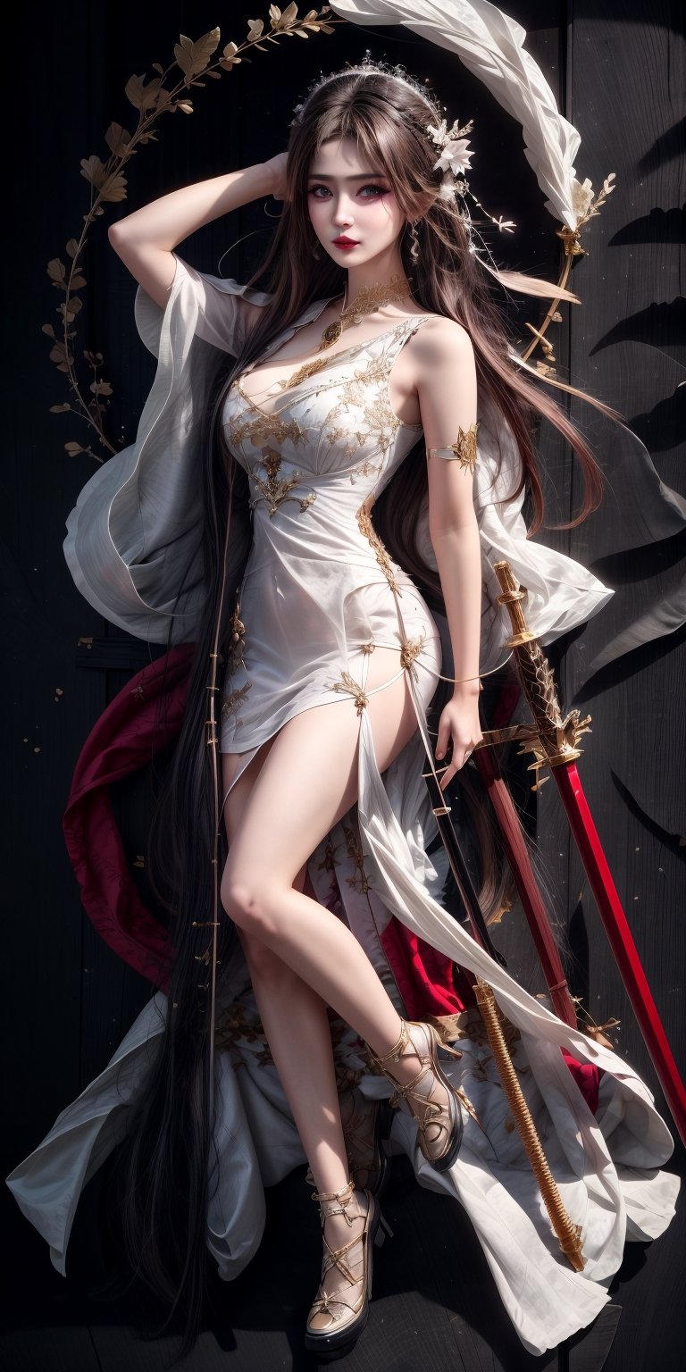 Best quality, masterpiece, ultra high res, 1 girl,Slightly raised lips, dark red lipstick, beautiful and delicate eyes, extremely delicate and beautiful girl, cute, extremely delicate face, beautiful face, beautiful and delicate hair, very aesthetic, beautiful face, detailed skin, gu, dragon, full body, weapon, black hair, holding weapon, blood, arm guards, male focus, looking at viewer, black eyes, tabi, floating hair, full body, orange, hands up,ULTIMATE BEAUTIFUL GIRL,清纯