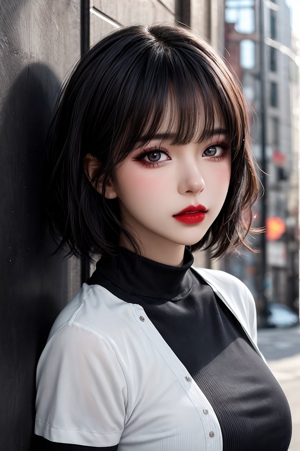 A stunning illustration of a solo girl standing up with an aesthetically pleasing composition. The subject features slim physique, black hair in a bobcut style with bangs, and closed mouth expression. Her eyes are mesmerizing, with dark red lipstick adding a pop of color. She wears a black shirt with short sleeves and a turtleneck, showcasing her beautiful upper body. The background is realistic, allowing the girl's features to take center stage. Her lips curve slightly upward, framing her delicate face with perfect anatomy, big eyes, and ultra-fine skin texture, giving off an air of photorealism.,sonmng