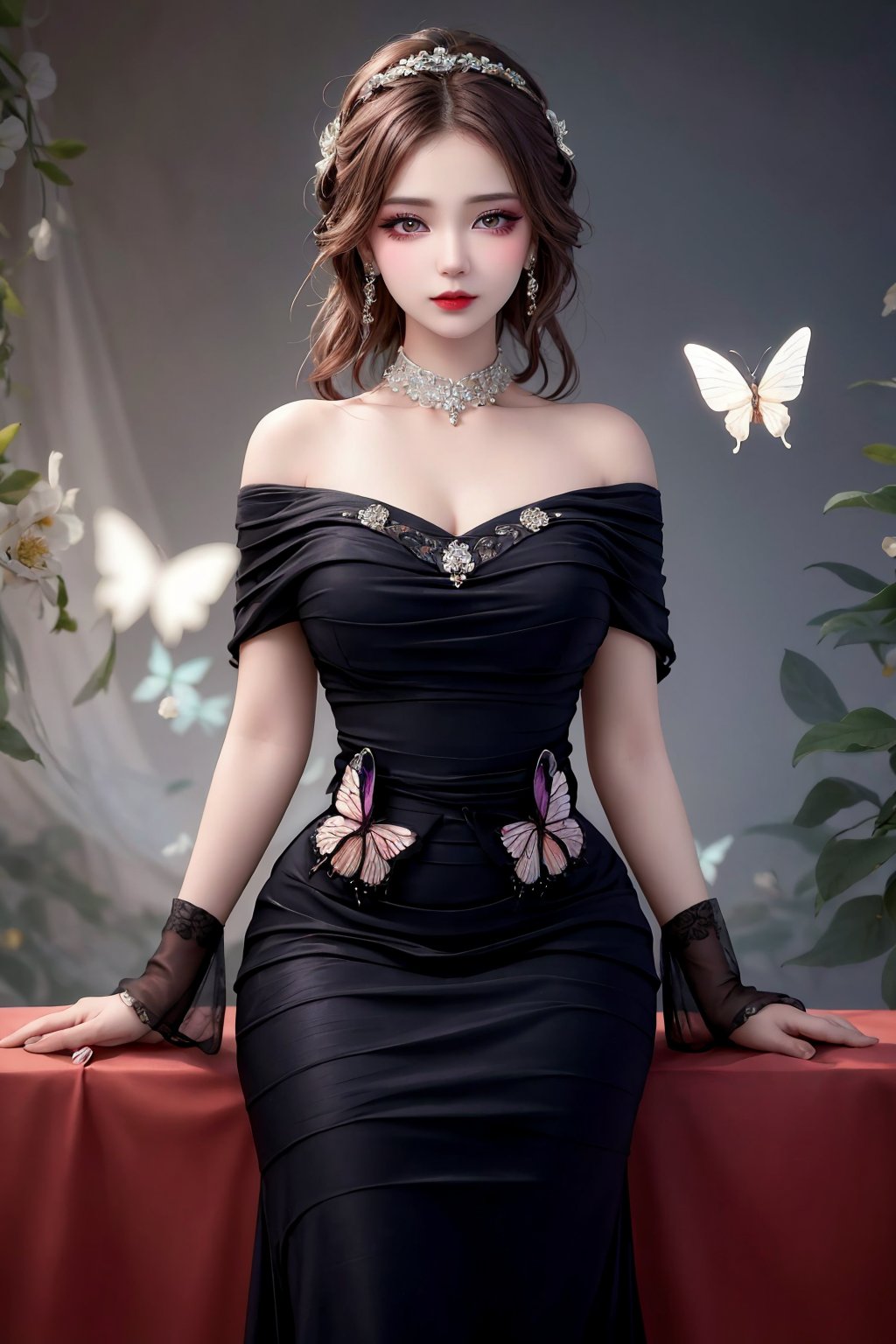 In a masterclass of Art Nouveau elegance, a stunning girl sits amidst a whirlwind of butterflies, her gaze piercing the viewer with an ethereal intensity. Dramatic lighting casts a warm glow on her fair skin, accentuating the delicate curves of her face and the subtle upturn of her lips. Dark red lipstick adds a pop of vibrancy to her features, while her eyes sparkle like gemstones, their intricate details rendered in hyper-realistic precision. Her raven tresses cascade down her back like a waterfall of night, framing her exquisite visage with a sense of depth and dimensionality. The butterflies, rendered in exquisite detail, appear to be suspended in mid-air, as if caught in the gentle breeze of her presence. The background, a blurred haze of photo-like quality, recedes into the distance, allowing the viewer's focus to remain on the masterpiece before them. The overall effect is one of breathtaking beauty, as if the very essence of art and wonder has been distilled into this single, unforgettable image.
