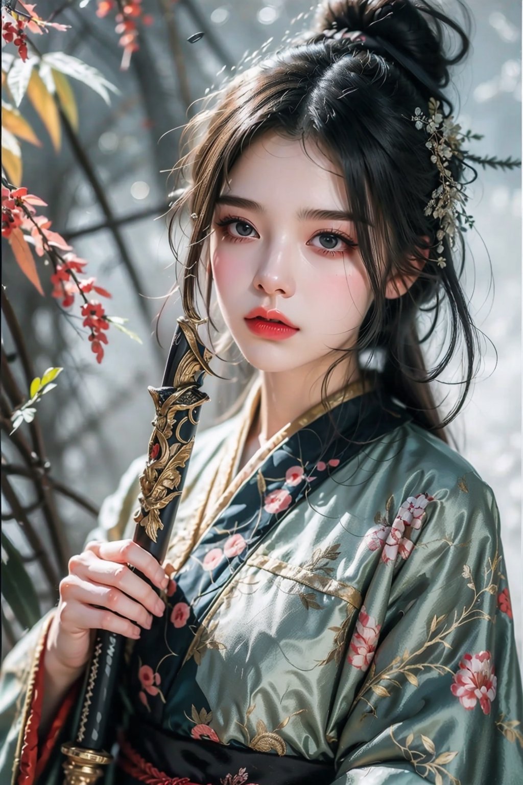 muelsyse (arknights),1girl, solo,hanfu,chinese clothes,splatter background, holding sword, best quality, amazing quality, very aesthetic, absurdres,Detailedface