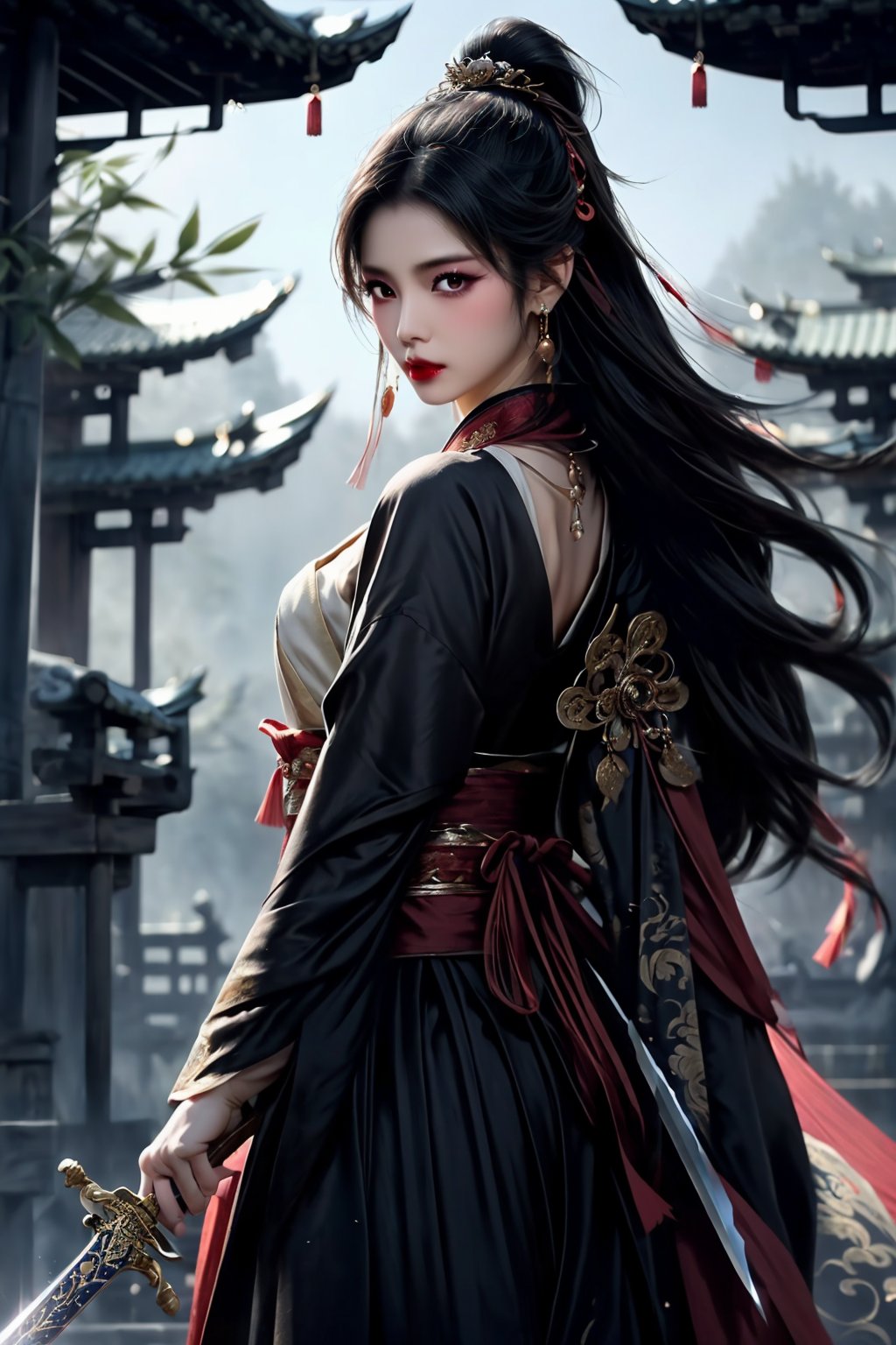 In this dramatic, gritty and intense shot, a beautiful woman dressed in Hanfu stands in a tranquil bamboo forest, surrounded by Chinese architecture. Her long, silky hair flows in the wind and is adorned with delicate fringes and hair accessories. A red ribbon is tied around her neck, and the jewelry sparkles in the light, ((Held Weapon: 1.3)), (Sword), a sword elegantly laid across her back, adding to the overall tension. She looked at the audience intently, her dark red lips slightly raised, exuding confidence and beauty. Her eyes are masterpieces of detailed lifelike detail, and her four fingers and thumb form a perfect anatomy. Her skin texture is super fine and her complexion is fair, almost photo-real. The overall visual impact is breathtaking, creating a shocking picture that is eye-catching.