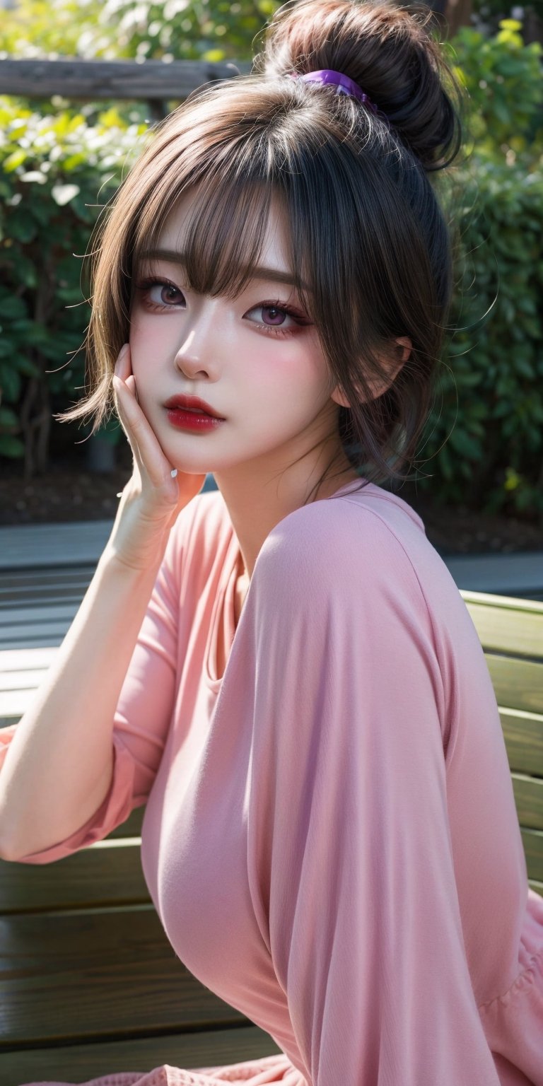 masterpiece, ultra detailed, high quality, 1girl,Slightly raised lips, dark red lipstick, beautiful and delicate eyes, extremely delicate and beautiful girl, cute, extremely delicate face, beautiful face, beautiful and delicate hair, very aesthetic, (blush, red face, parted lips), detailed lips, sitting in bench, (solo), wide shot, scenery, full body, Kuki Shinobu, green hair, hair between eyes, ponytail, short hair, (purple eyes:1.1), hair ornament, kukishinoburnd