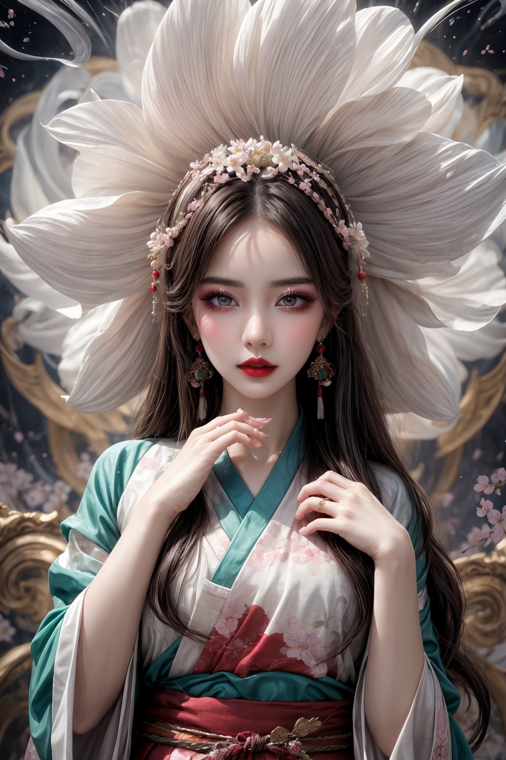 A majestic fusion of tradition and whimsy: a ravishing young woman, dressed in ornate hanfu attire and dripping in jewelry, poses amidst a kaleidoscope of fractal patterns. Her left hand cradles a cherry blossom branch with delicate orchid fingers, while her right hand softly pinches the sleeve. Dark red lipstick accentuates her slightly upturned lips. Her breathtakingly detailed eyes sparkle like light particles, set against an ethereal porcelain complexion. Gentle waves cascade from her hair as she stands amidst a swirling vortex of abstract shapes and colors.