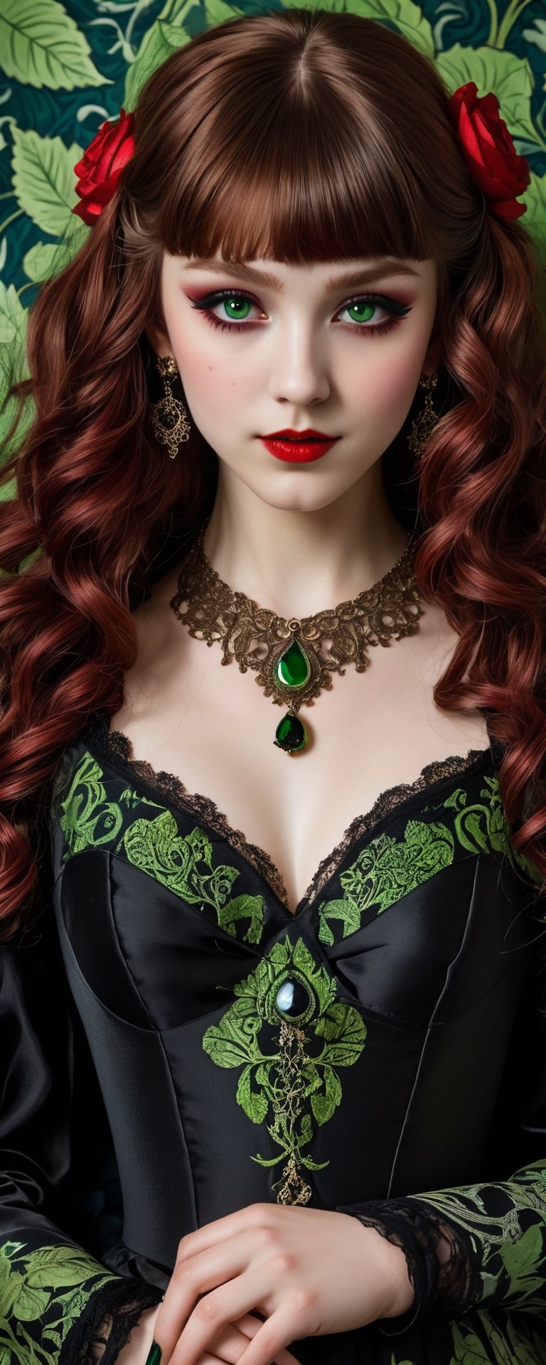 (best quality, masterpiece, ultra detailed, 8K, RAW photo), absurdres, a beautiful 17 year old vampire girl with vivid green shiny long thick full curly hair with blunt bangs black roses in hair, ornate silk outfit embrodiered with intricate patterns, big light red hyper realistic eyes, perfect light skin, gothic eye make up, parted greasy full red lips, mischevious smile,intricate jewelry,necklace,earrings, intricate william morris wallpaper background,  background,vibrant color, full torso,