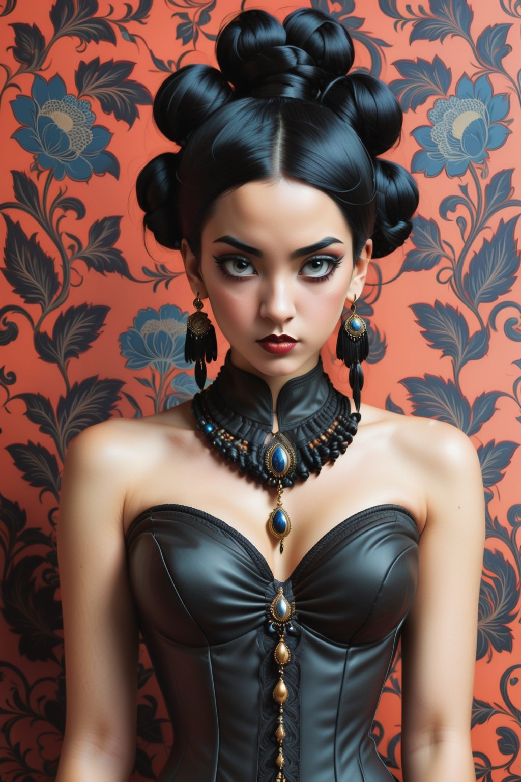 combine all of the below to make a beautiful exotic woman, jet black hair in elaborate braids and buns, wearing an elaborate, necklace, jewelry, long dangle earrings, corset, hayv kahraman style, background of vivid william morris wallpaper