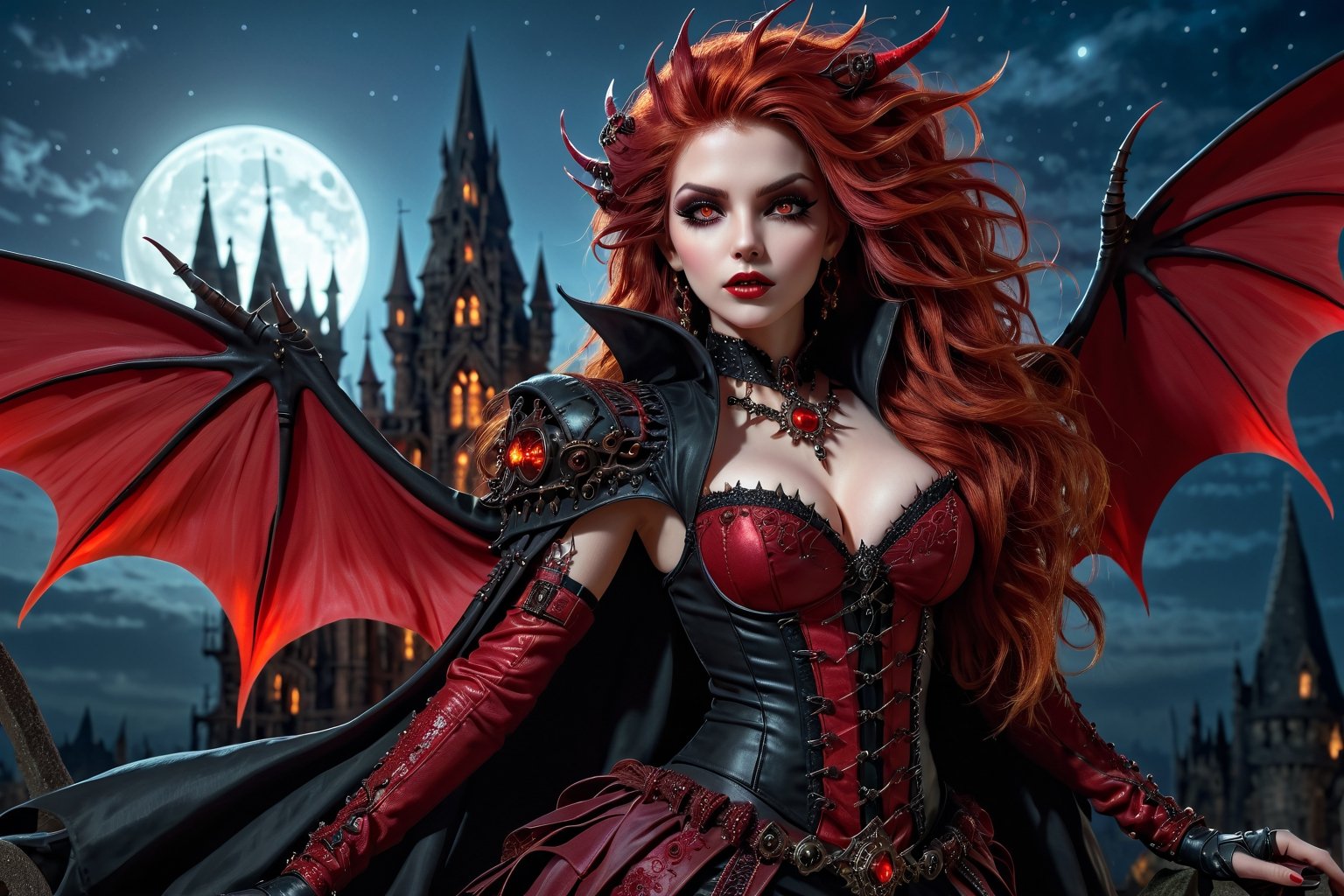 High definition vivid masterpiece, a beautiful vampire woman, elaborate spikey super long, messy red hair, blowing hair, red glowing big detailed eyes, large tattered devil wings, realistic, steampunk, night time, floating in the sky above a gothic castle, gravestones, full moon, starry sky, steampunk mechanical glowing full moon, light shafts, detailed background, boots, full body, Makeup,Masterpiece, full body,realistic