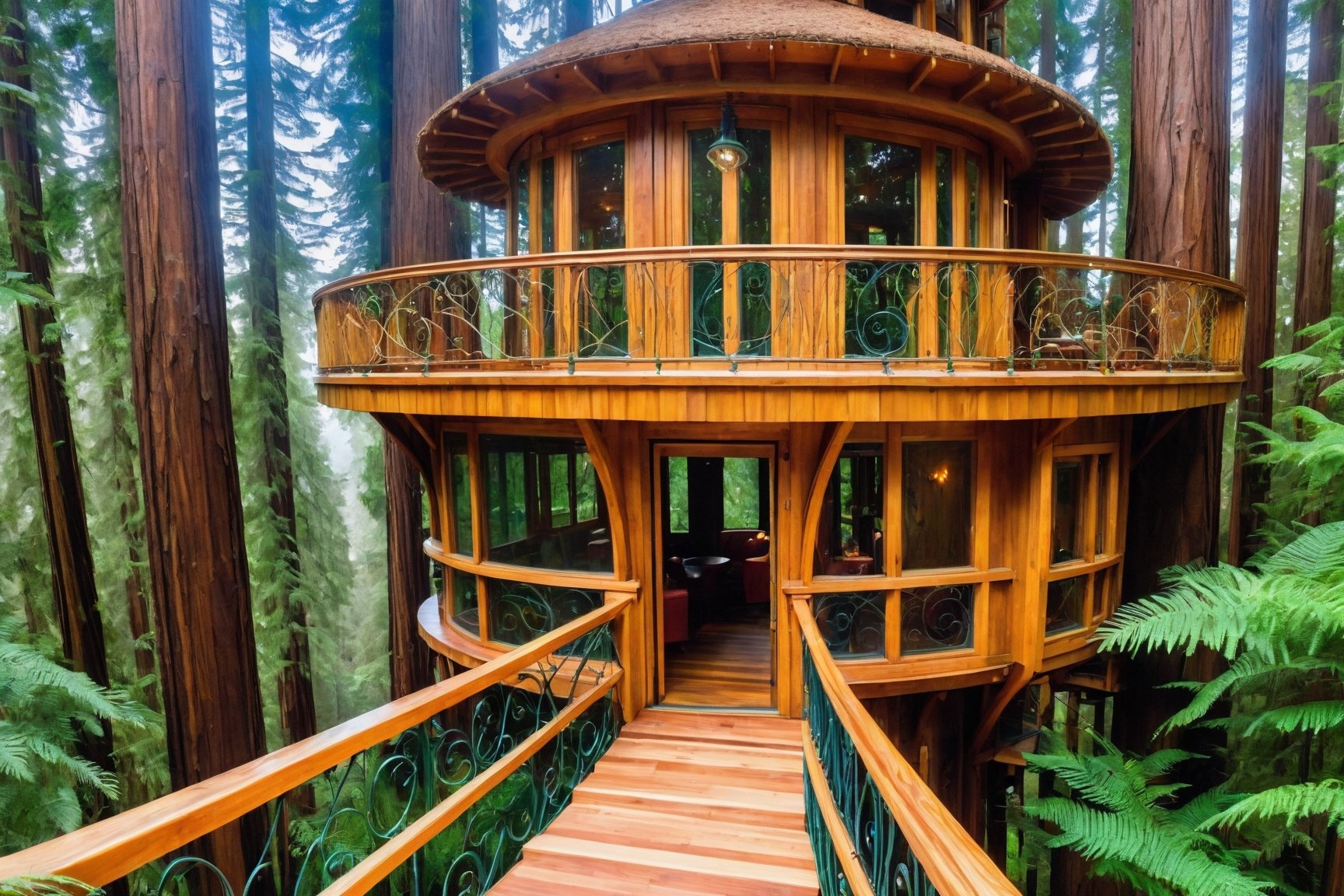 ((masterpiece)), (((best quality))), ((ultra-detailed)), beautiful elaborate exclusive well appointed treehouse deep in a lush green redwood forest,  the tree house is spacious, 3 stories high.  gorgeous art nouveau style architecture, one side of the treehouse is open, without a wall, revealing the interior of the house and spiral staircase and living room, there is a large wooden deck around the perimeter of the treehouse, shafts of light shine through the canopy, beautiful blue sky,,aw0k euphoric style,aw0k euphoricred style, long shot from above looking down
