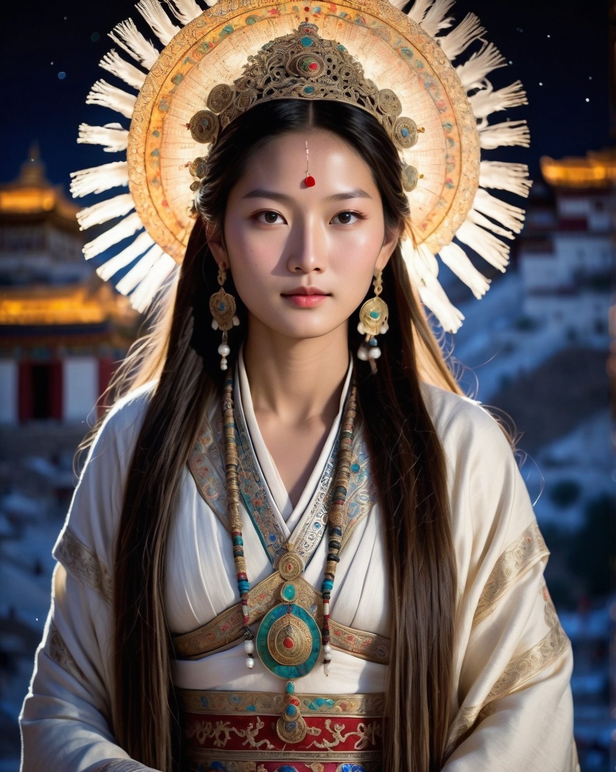 32k, large and very detailed eyes, ultra realistic details, beautiful mythic ancient tibetan woman, serene facial expression, elaborate very long braided hair, traditional tibetan wedding dress, floating, windy, messy hair, elaborate difficult, masterpiece, high quality, detailed cores, Potala Palace, Lhasa, China, in background, night sky, starry sky, shafts of light, breathtaking beauty, pure perfection, mystical, cinematographic, full body shot, full body shot,