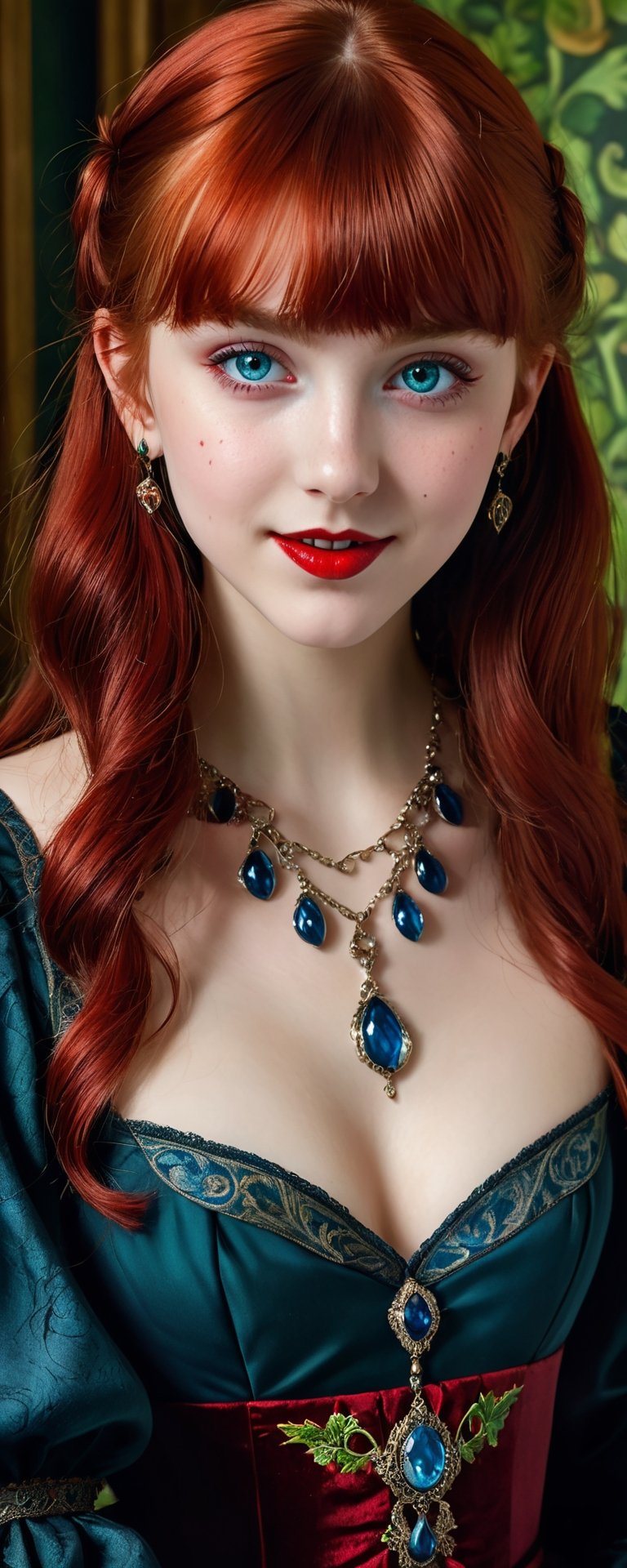 (best quality, masterpiece, ultra detailed, 8K, RAW photo), absurdres, a beautiful 17 year old vampire girl holding a glass chalace with red blood, vivid red shiny hair with blunt bangs, Prussian blue outfit, big green hyper realistic eyes,parted greasy red lips, michevious smile,intricate jewelry,necklace,earrings, intricate william morris wallpaper background,  background,vibrant color, 