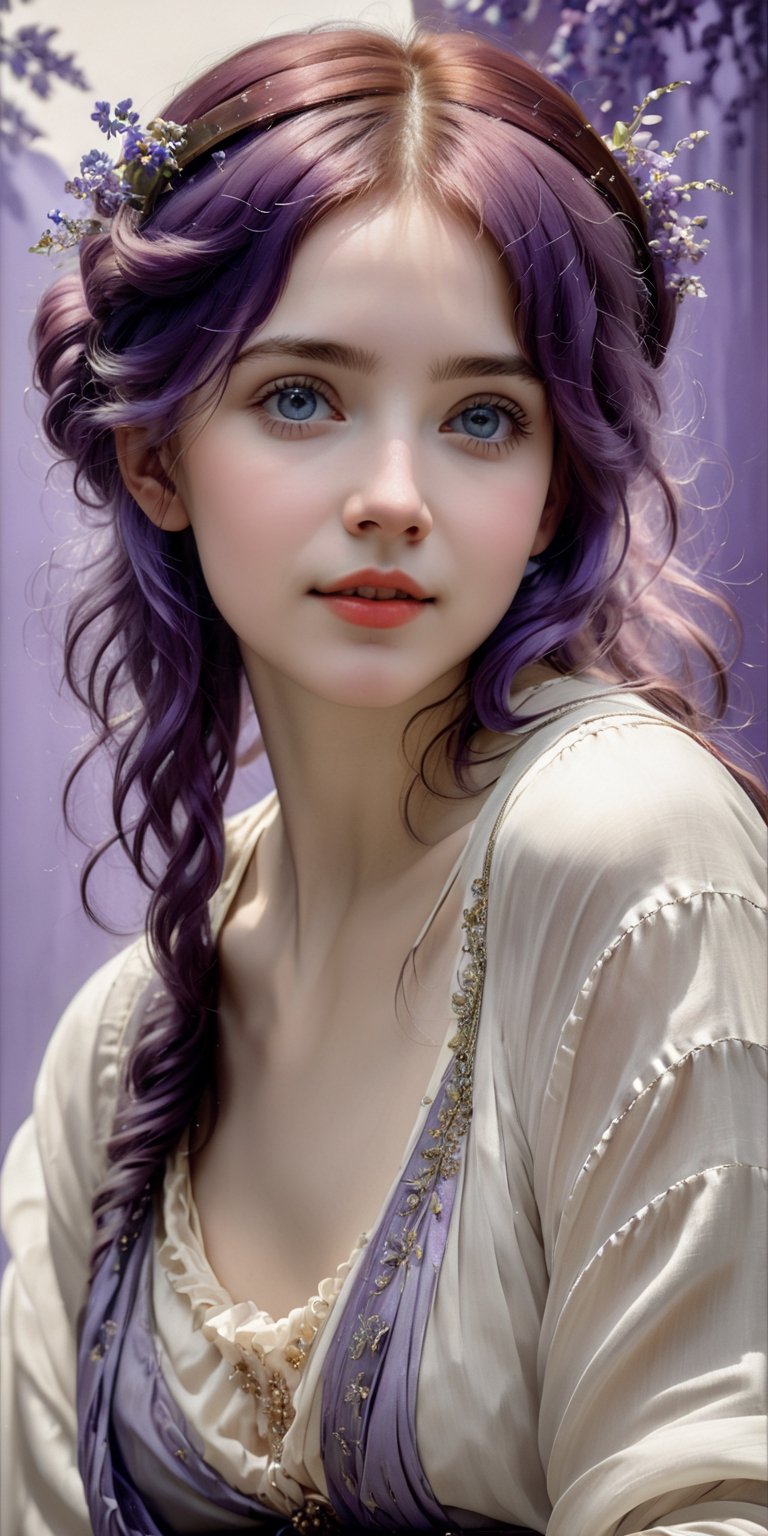 (8k 16k, RAW photo, best quality, master:1.2), (realistic, photo-realistic:1.37), ultra detailed, 1girl,solo, upper body, purple hair, big purple eyes, reallistic, looking at viewer, happy,smile, masterpiece, realistic photography, by Alphonse Mucha, by Wlop, ), (Exaggerated Perspectives), f/ 2.8, (Surrealist Style), Visionary Art, (Trending on artstation)