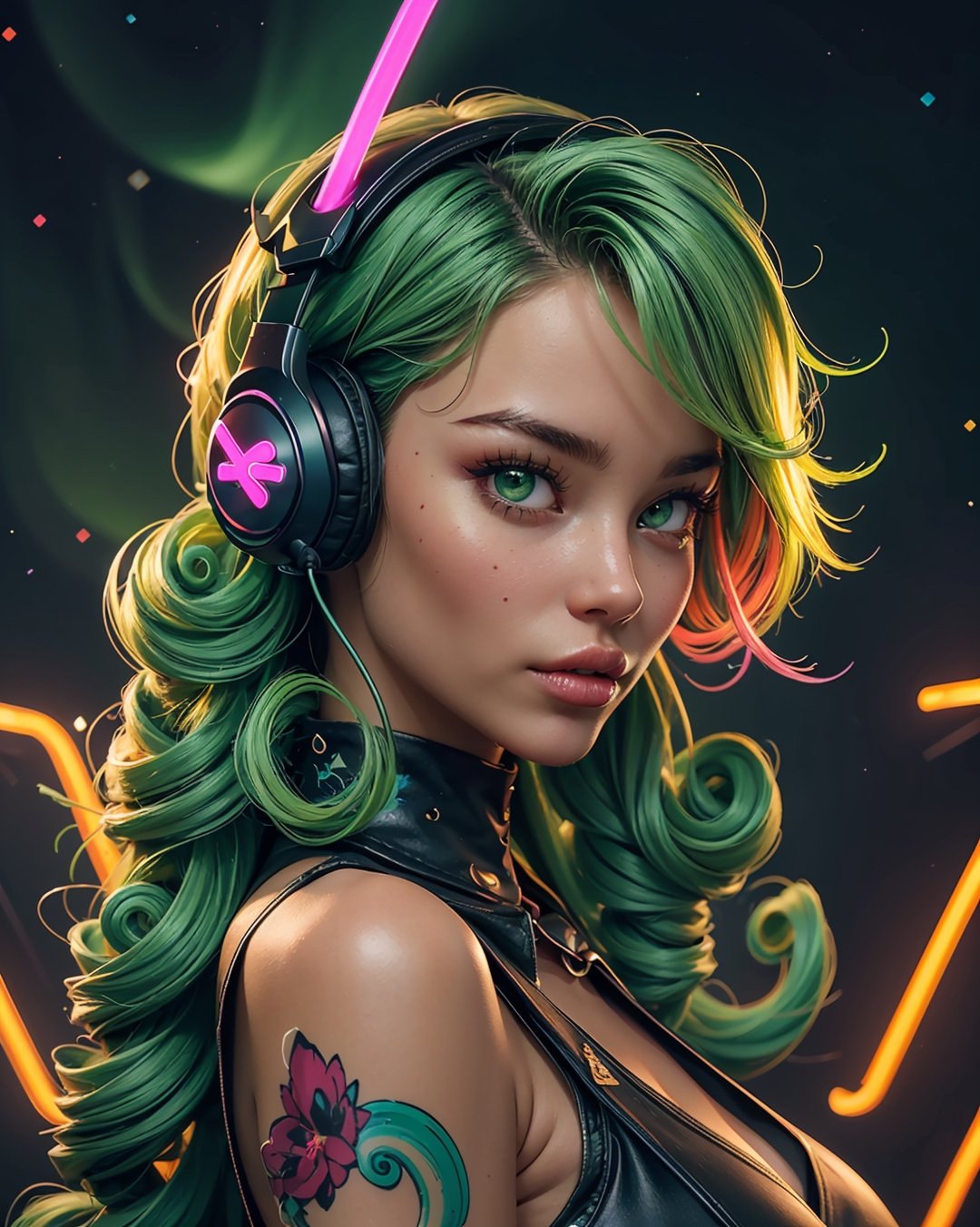 symmetrical face, perfect realistic green eyes, (female hair made of fine multicolored neon, green curls:1.5), (long thin hair made of multicolored neon strands, wearing headphones, serene expression, enjoying music, realism, (in a colorful candy world:1.2), ultra high resolution, 8k, HDr, art, high detail, , art, detailed background full moon, stars, nebula, northern lights