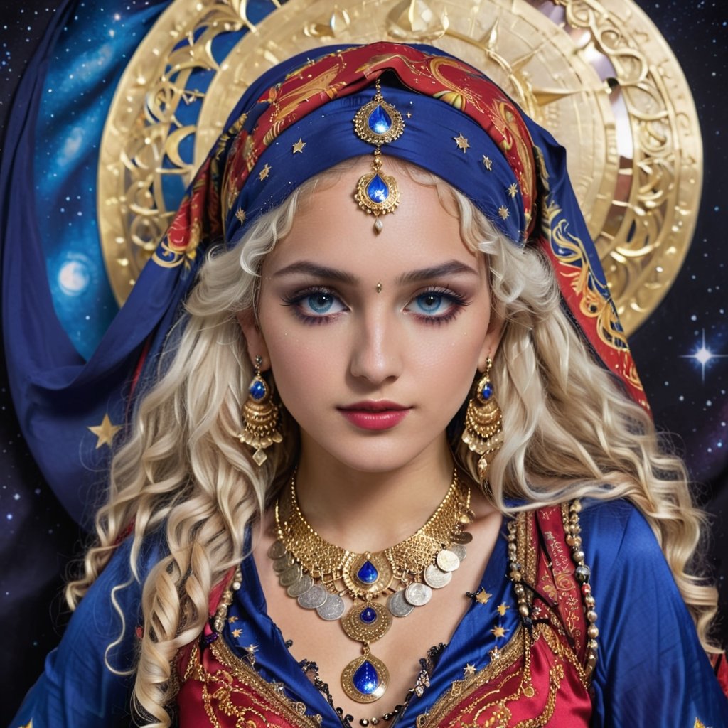 beautiful, intelligent, stunning Gypsy woman, 20 years old, long vivid bleach blonde curly hair, expressive light ice blue detailed eyes, bind on the forehead, royal blue, red and gold colored elaborate gypsy clothes embellished with moon, astrological and stars charms. headscarf with coins, elaborate gypsy long earrings, necklaces, etc. gothic make-up.