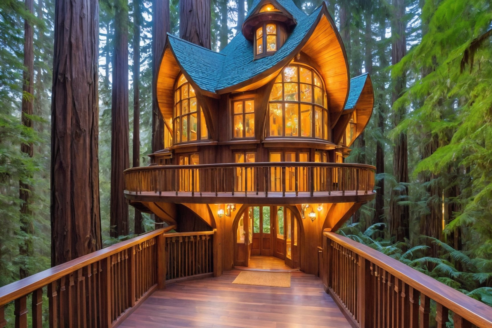 ((masterpiece)), (((best quality))), ((ultra-detailed)), beautiful elaborate exclusive well appointed treehouse deep in a lush green redwood forest,  the tree house is spacious, 3 stories high.  gorgeous art nouveau style architecture, one side of the treehouse is open, without a wall, revealing the spiral staircase and living room, there is a large wooden deck around the perimeter of the treehouse, shafts of light shine through the canopy, beautiful blue sky,,aw0k euphoric style,aw0k euphoricred style, long shot from above looking down
