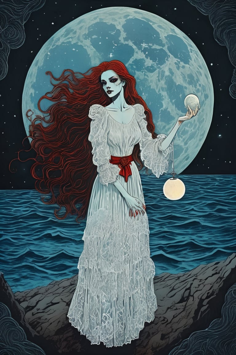 witch holds a full moon.
witch wears a white long lace dress
godness of moon
red eye makeup
silver skin
beautiful lady
the background is dark night
herwavy hair is blue like sea
