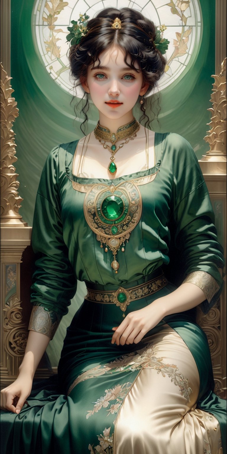 (8k 16k, RAW photo, best quality, master:1.2), (realistic, photo-realistic:1.37), ultra detailed, 1girl,solo, black hair, big emerald green eyes, realistic, looking at viewer, happy, smile, masterpiece, realistic photography, by Alphonse Mucha, by Wlop, ), (Exaggerated Perspectives), f/ 2.8, (Surrealist Style), Visionary Art, (Trending on artstation) intricate outfit, intricate jewelry, necklace, large earrings, victorian boots