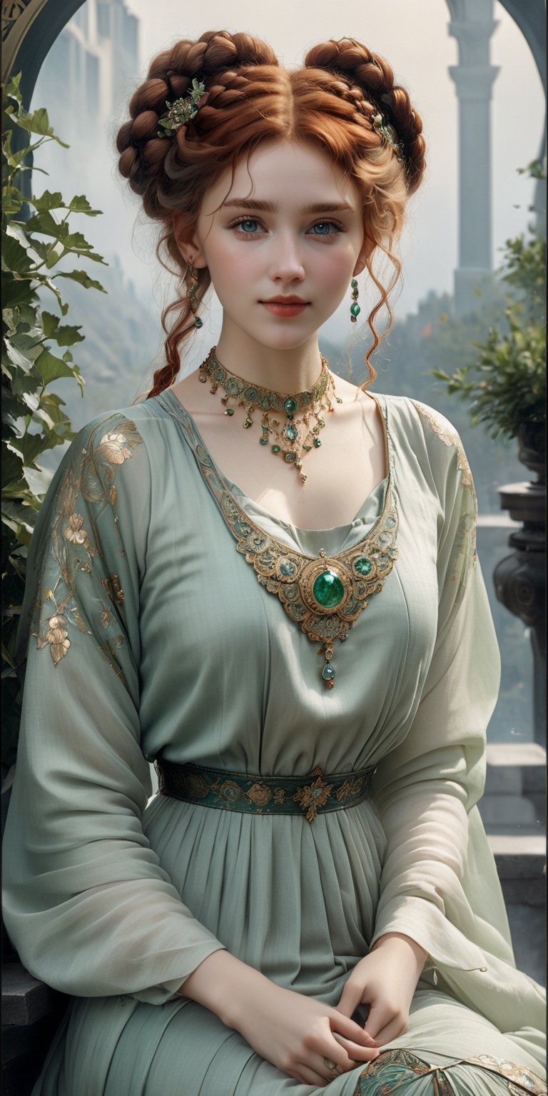 (8k 16k, RAW photo, best quality, master:1.2), (realistic, photo-realistic:1.37), ultra detailed, 1 nordic girl, solo, gorgeous and beautiful girl, red intricate braided hair, hair buns, light green eyes, realistic, looking at viewer, happy, smile, masterpiece, realistic photography, by Alphonse Mucha, by Wlop, ), (Exaggerated Perspectives), f/ 2.8, (Surrealist Style), Visionary Art, (Trending on artstation) intricate nordic outfit, intricate jewelry, necklace, large earrings, looking at viewer, happy, smile, masterpiece, realistic photography, by Alphonse Mucha, by Wlop, ), (Exaggerated Perspectives), f/ 2.8, (Surrealist Style), Visionary Art, (Trending on artstation) intricate outfit, intricate jewelry, necklace, large dangle earrings, 