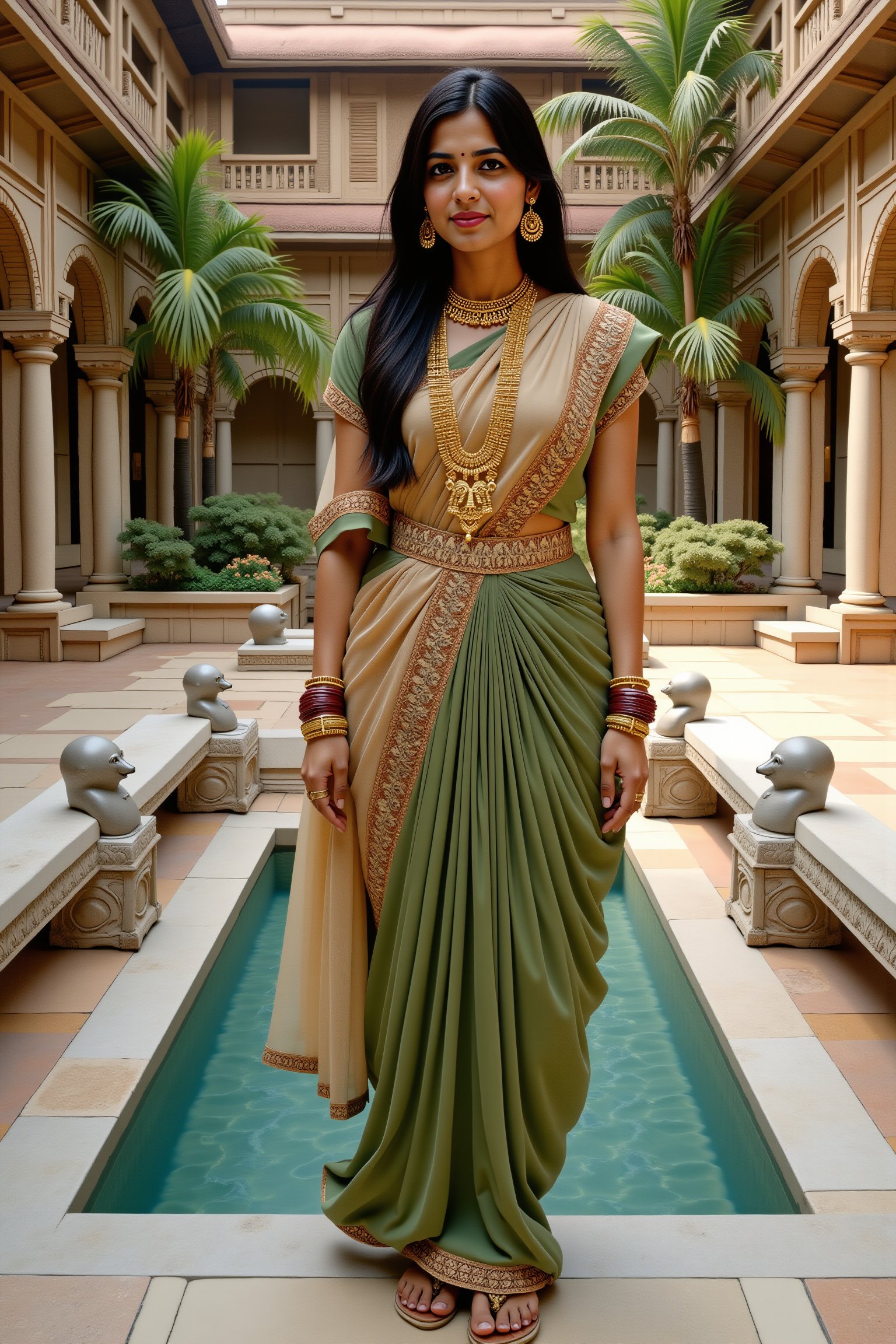 long shot, full body shot, realistic photgraphic image of young stunningly gorgeous and beautiful exotic asian indian woman in Ancient India. she has a sweet sensual closed mouth smile, stunning big green realistic eyes, rich colorful make-up and kohl on her eyes, she wears an ancient indian dress in silk, cotton and linen fabrics, colors of green beige and gold, which is richly and elaborately decorated, with embroidery and rich jewels, gold jewelry and ornaments, flat  sandals on her feet. her outfit and posture displays her wealth, behind her is the detailed realistic background of Ancient Indian temple expansive gounds with richly colored symmetrical Indian art, mythology and spiritual scenes decorating the walls, ancient hindu statues, small mosaic marble decorative pool with deep blue water blue, marble benches, palm, coconut, mango trees