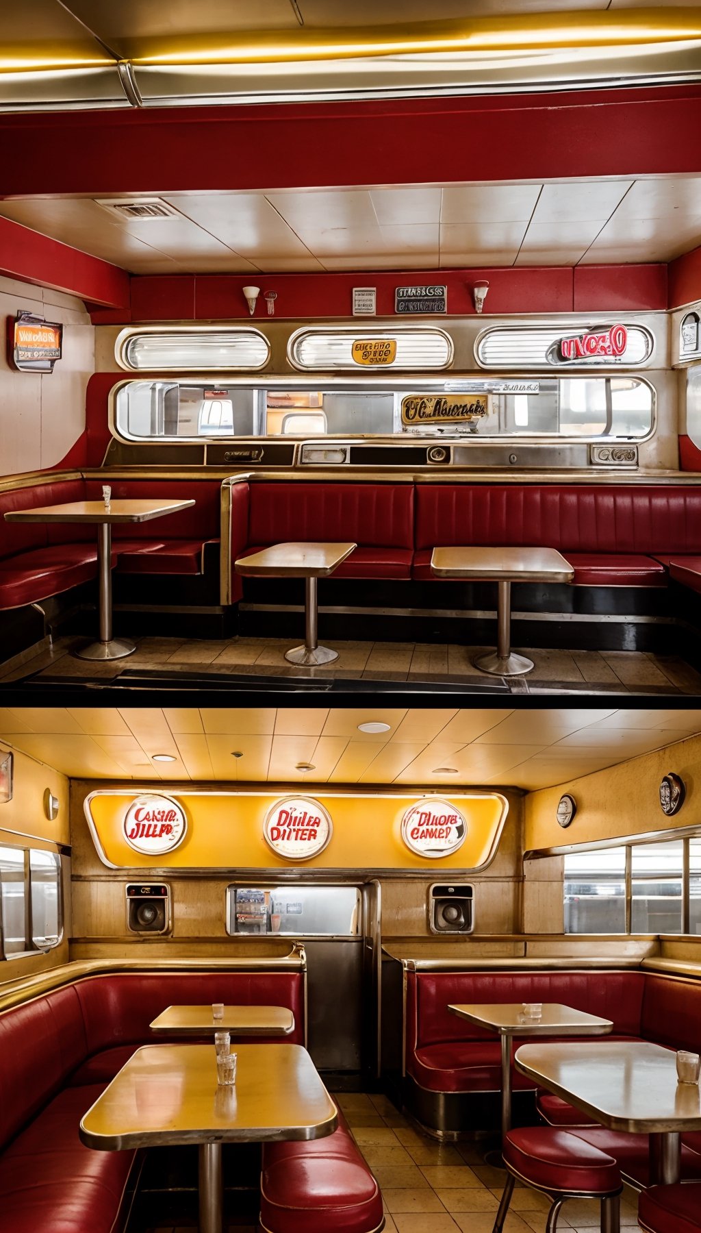 1950's era diner at a classic los angeles 1950's busy american diner, looking at all the booths and tables inside the diner, with families eating at the booths and food on the tables, old jukebox, vintage posters on the walls, bright sunny day, sun shining through the windows,realistic full shot