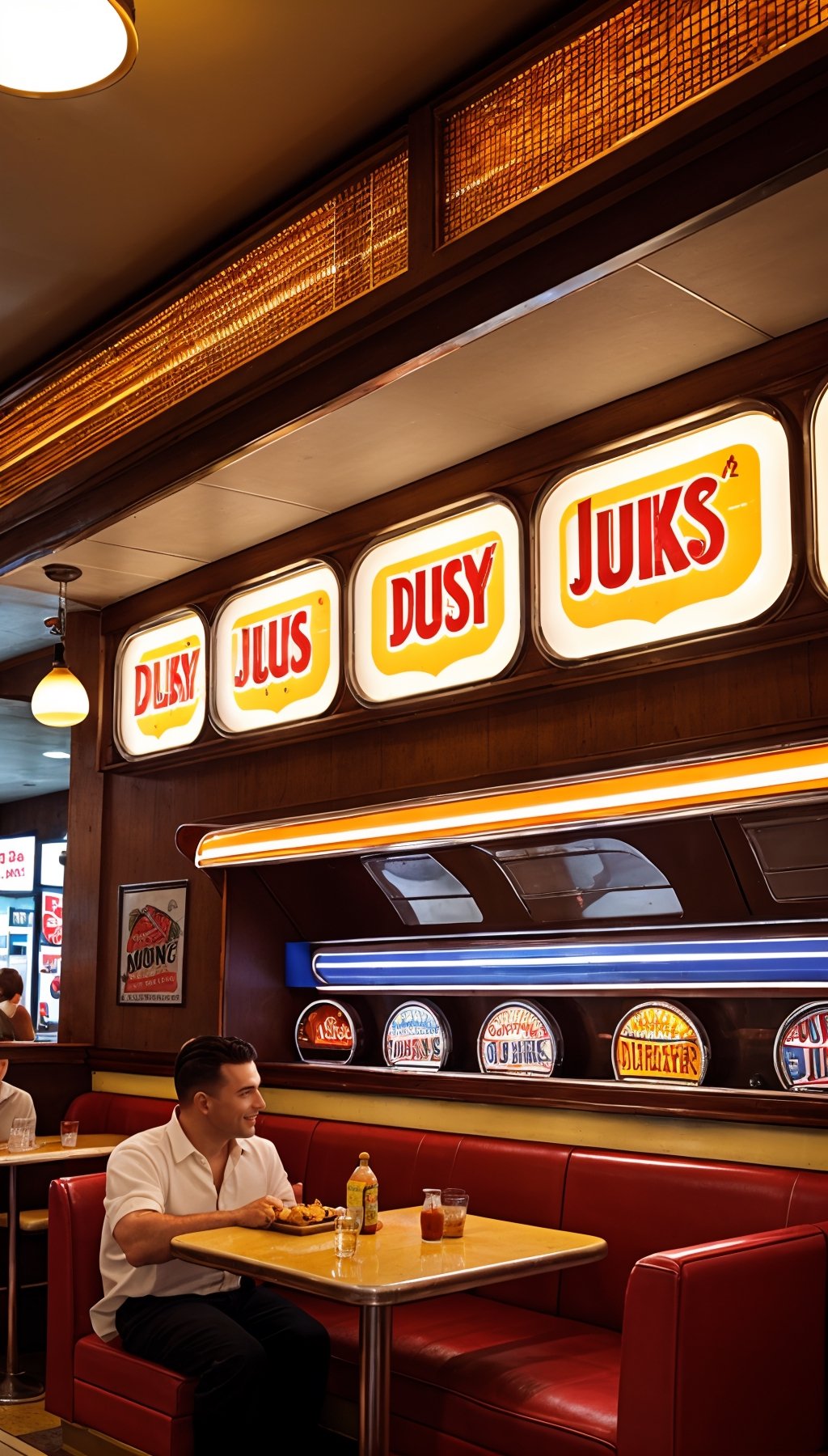 1950's era diner at a classic 1950's busy american diner, background of diner with customers eating at the booths and food on the tables, old jukebox, vintage posters on the walls, bright sunny day, sun shining through the windows,realistic