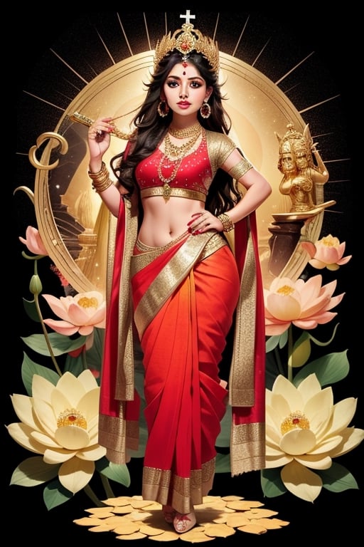 full body shot, Lakshmi is a Hindu goddess of prosperity and wealth, elaborate and intricate indian female costume in colors of red and gold, she is wearing elaborate gold necklaces earrings rings on her fingers and bangles on her arms, gold nose ring, serene beautiful face, Lakshmi is surrounded by lotus flowers, she is glowing, illuminated, a holy goddess, with an elaborate gold crown, detailed background of the heavens, clouds stars, ,Detailedface,1girl,Masterpiece,Saree, full body,realhands,Indian
