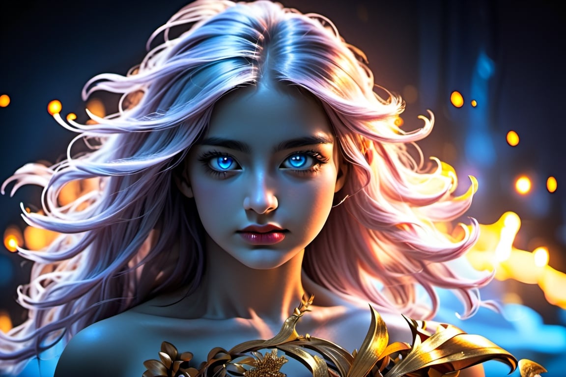 long shot of a powerful sapphire sorceress, she is a young 17 year old woman with ice blue eyes that glow, she has very palw white skin that has a bluish glow to it, she has a serene facial expression, she wears an elaborate sapphire colored magical gown embellished with gemstones and gold, she is standing in front of a magical altar with a blue fire burning, she is in an ancient temple casting spells, long vivid sapphire colored hair,glowing gold,pp_v2,Detailedface,Masterpiece,girlbeautiful face and eyes, super Model, masterpiece, myth, fantasy, Styx, dark atmosphere, ultra-high image quality, ultra-high details, ambient light, particle effects, multiple perspectives, hourglass figure,