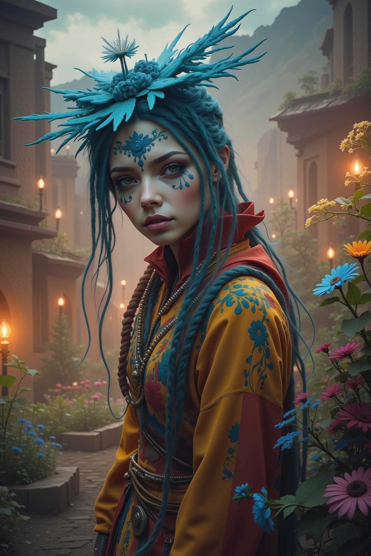 Create an alien female gypsy with an ornate landscape